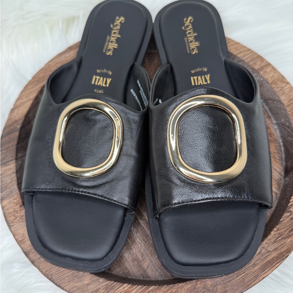 Seychelles Black Sandals with Gold Buckle